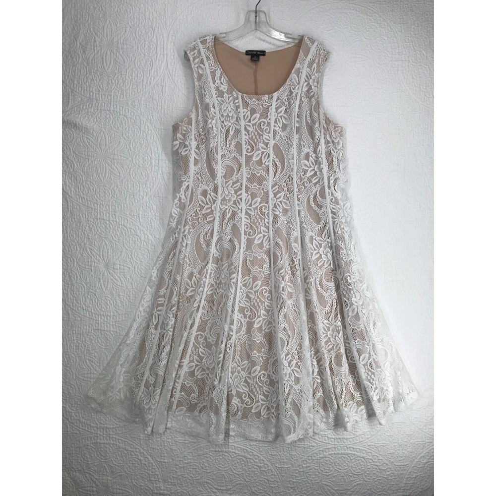 Sleeveless Lace Overlay A-Line Dress in White over Nude